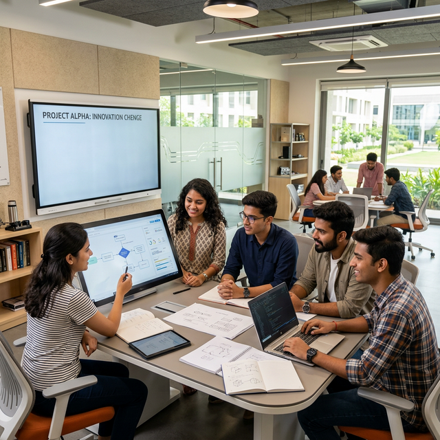 Students collaborating in a smart classroom environment