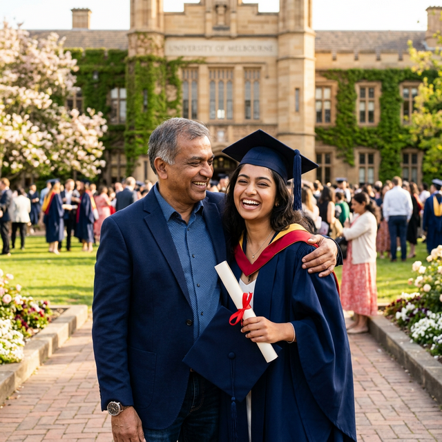 A proud parent and graduating university student celebrating
